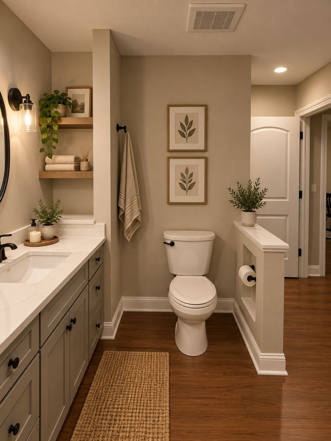 Basement bathroom toilet nook with floating shelves