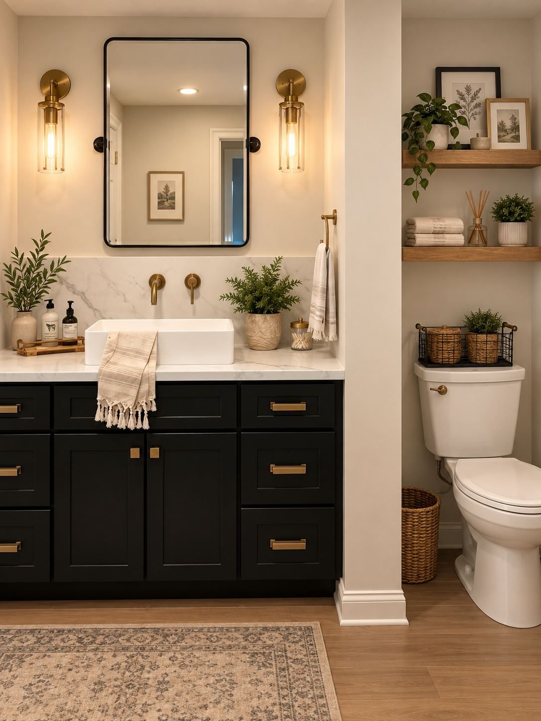 Basement bathroom vanity and toilet nook