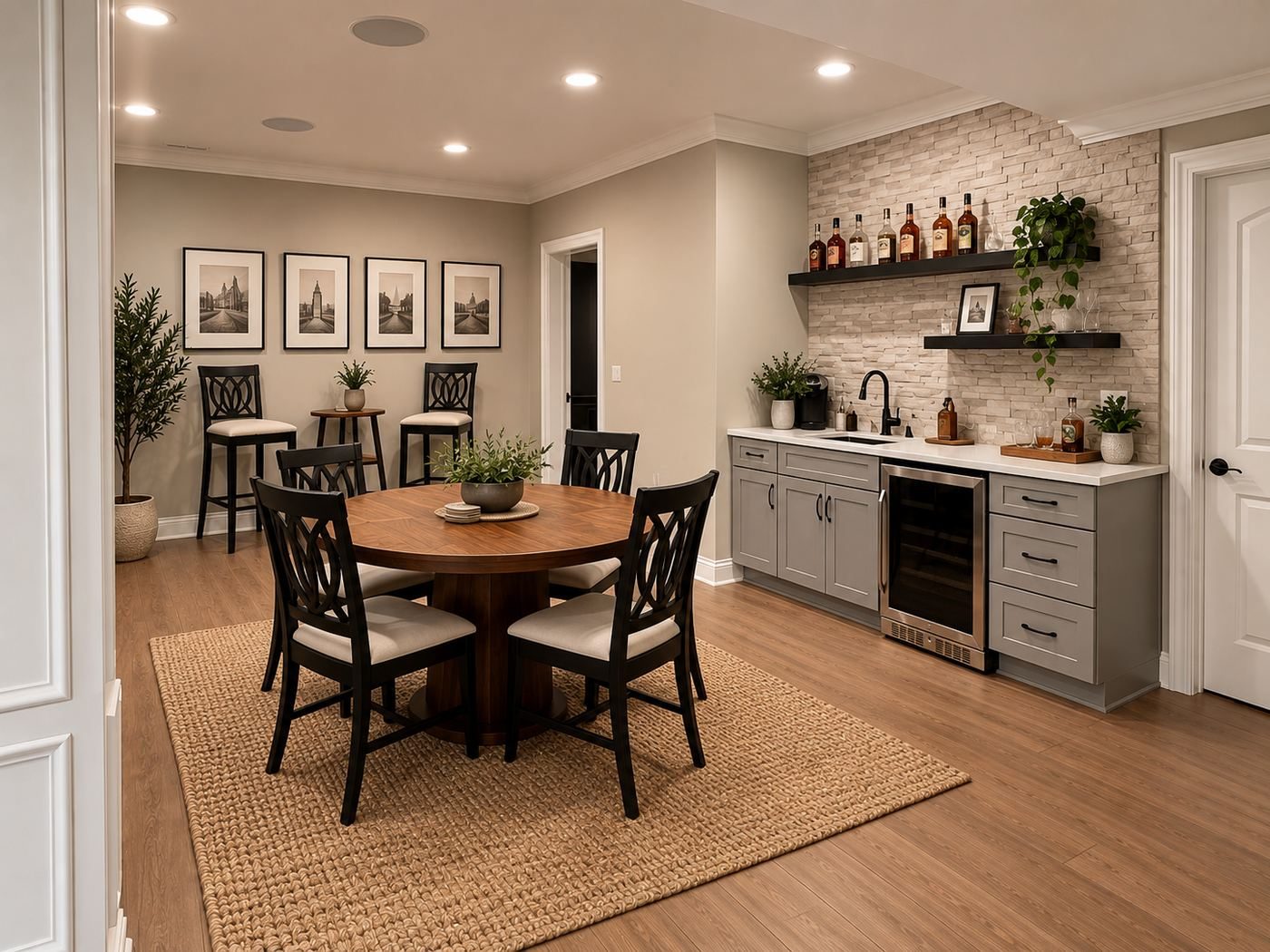 Basement dining area and wet bar wide view