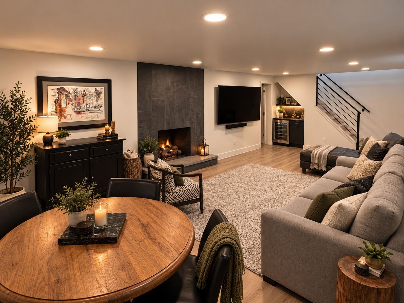 Basement living area with fireplace and wet bar