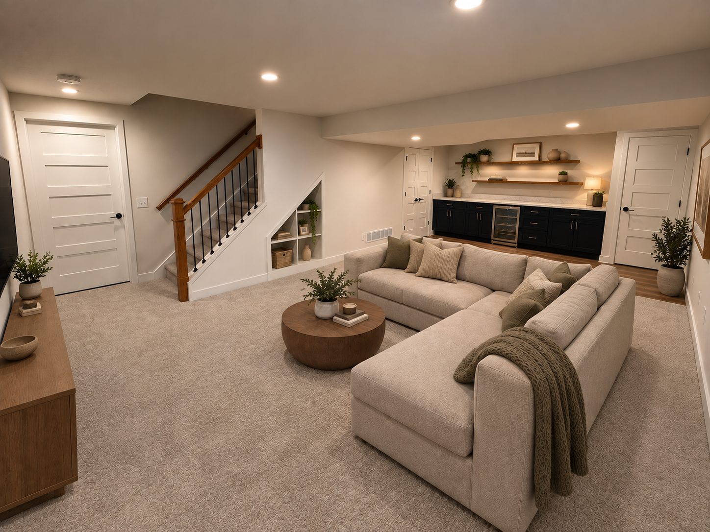 Basement lounge with sectional and built-in wet bar