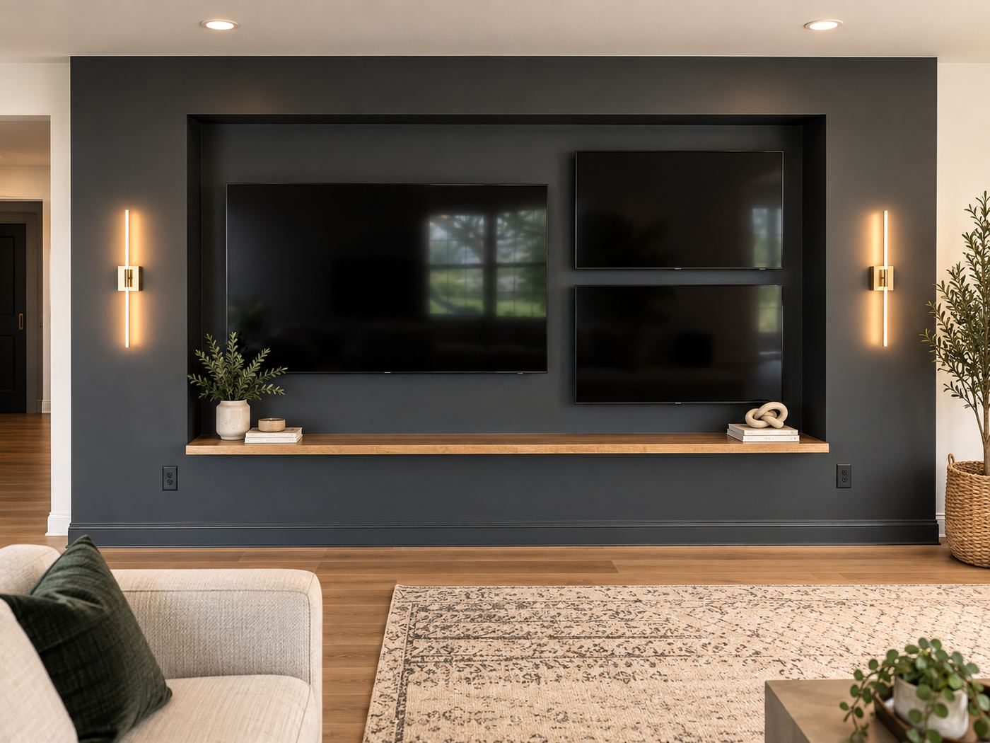 Basement media wall lounge with TVs