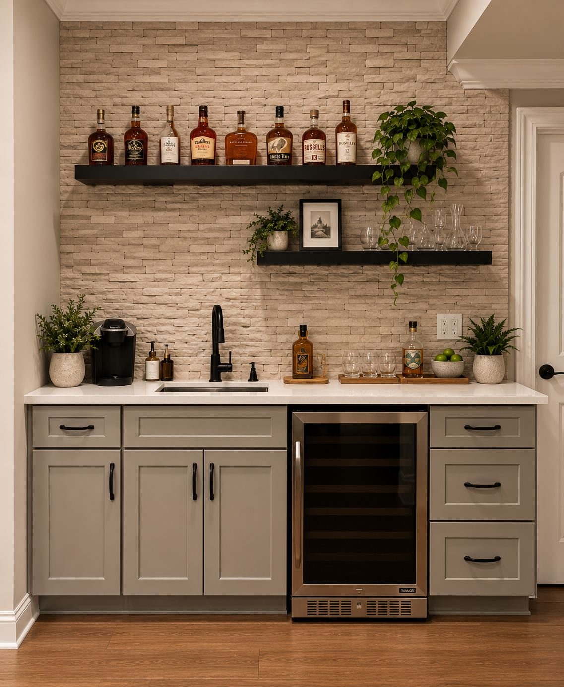 Basement wet bar with stacked stone backsplash