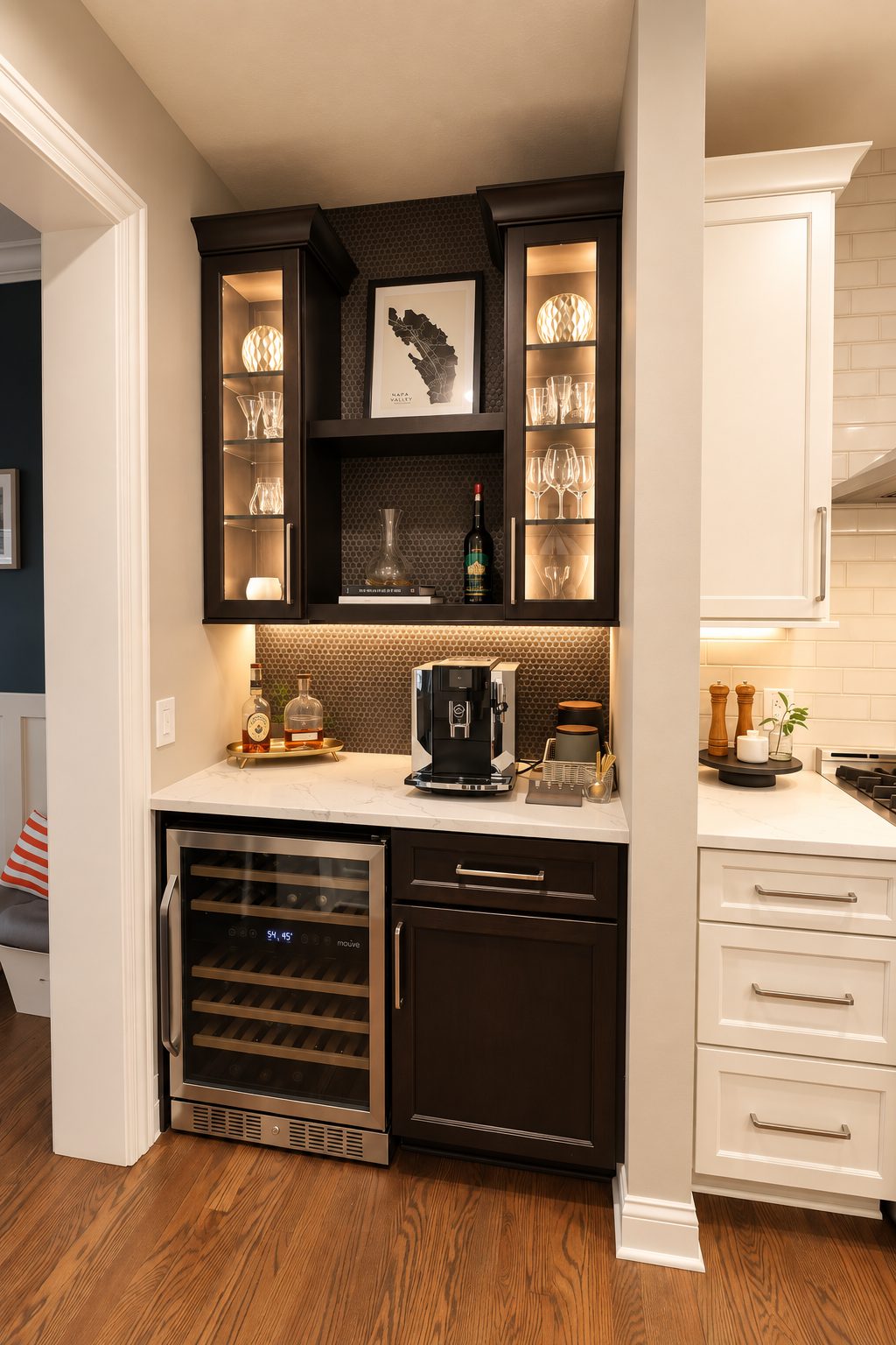 Built-in coffee bar and wine fridge nook with glass display cabinets