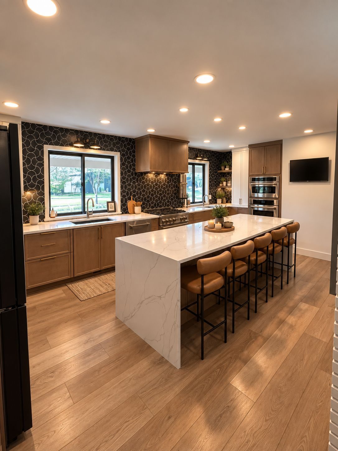 Kitchen with island and patterned tile backsplash