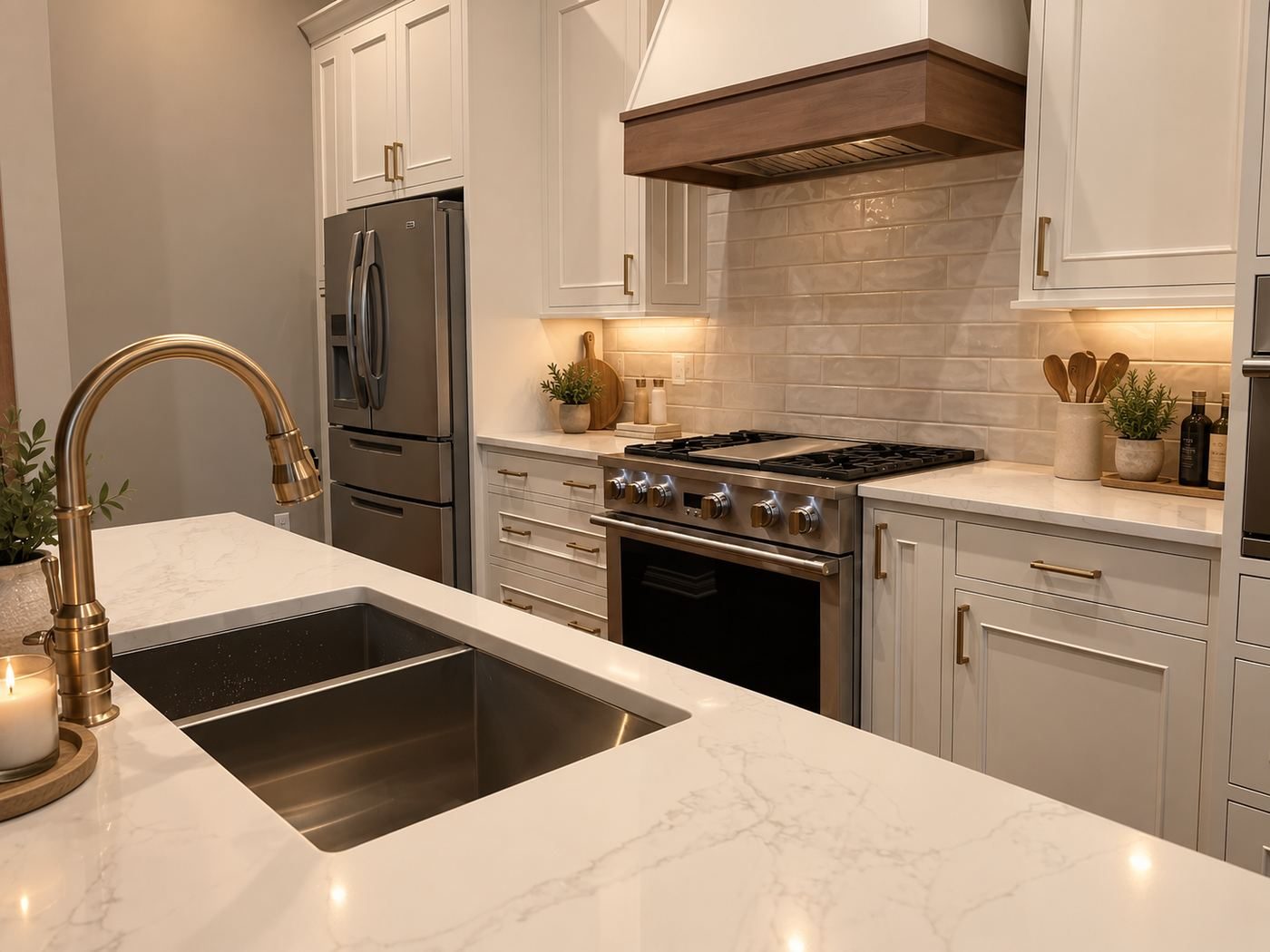 Custom kitchen with gold fixtures and walnut wood range hood