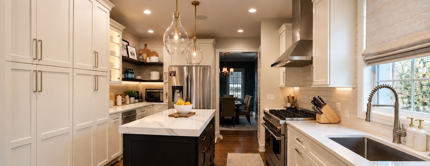 Custom white kitchen remodel with black island and stainless appliances