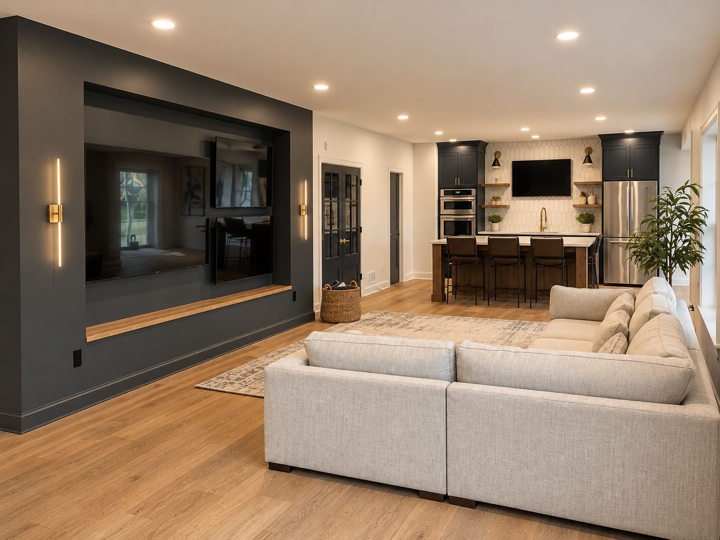 Finished basement lounge with media wall and open kitchenette