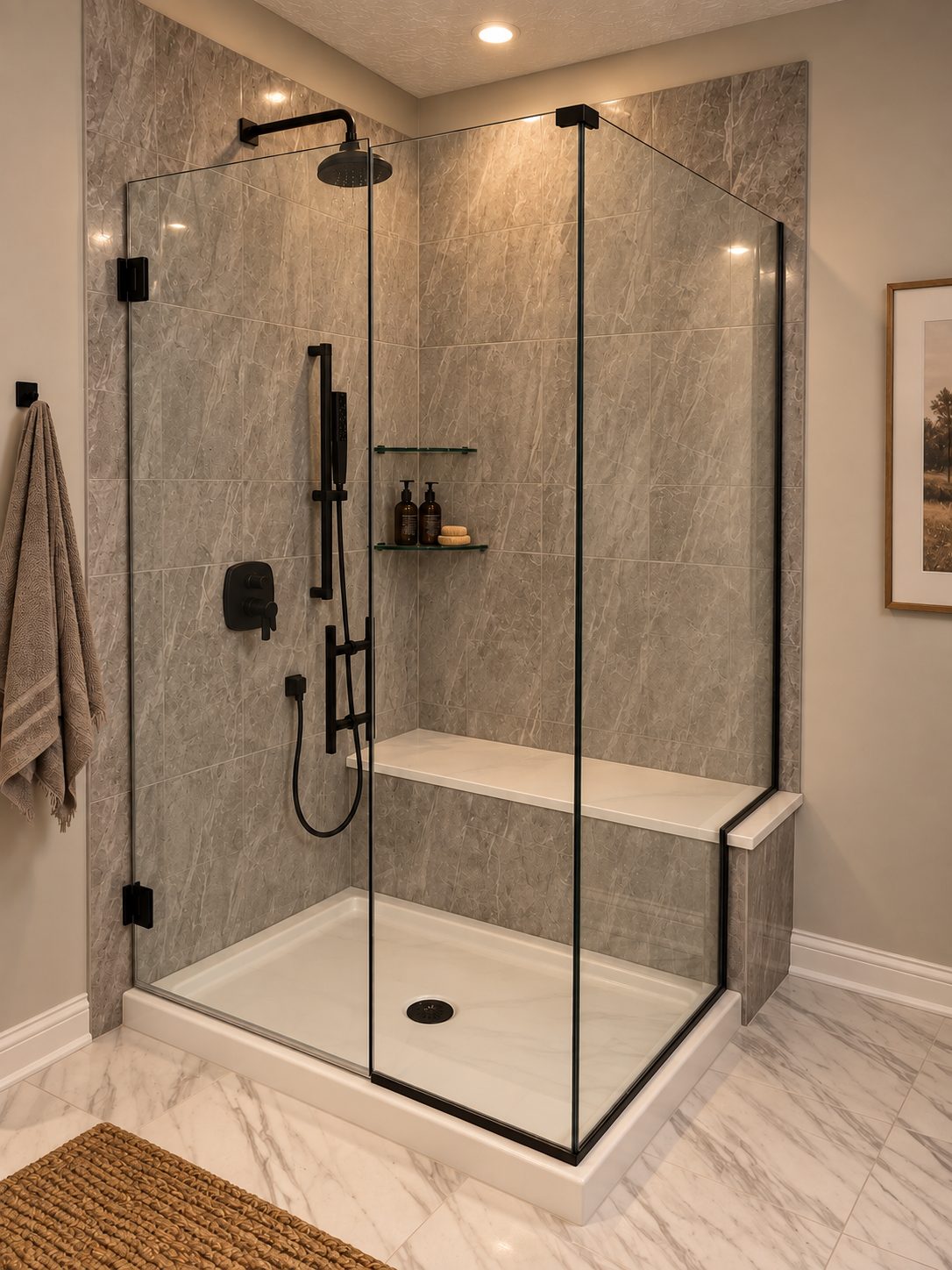 Frameless glass shower with gray stone tile and built-in bench