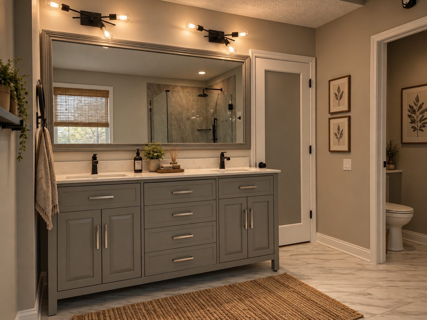 Gray double-sink vanity with framed mirror and sconce lighting