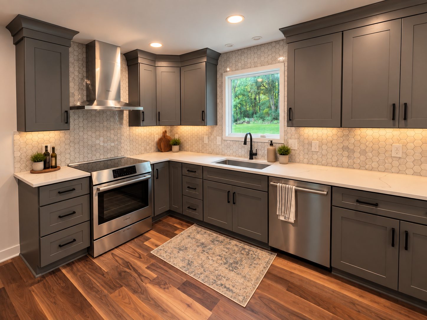 Gray L-shaped kitchen with hexagon tile backsplash and window over sink