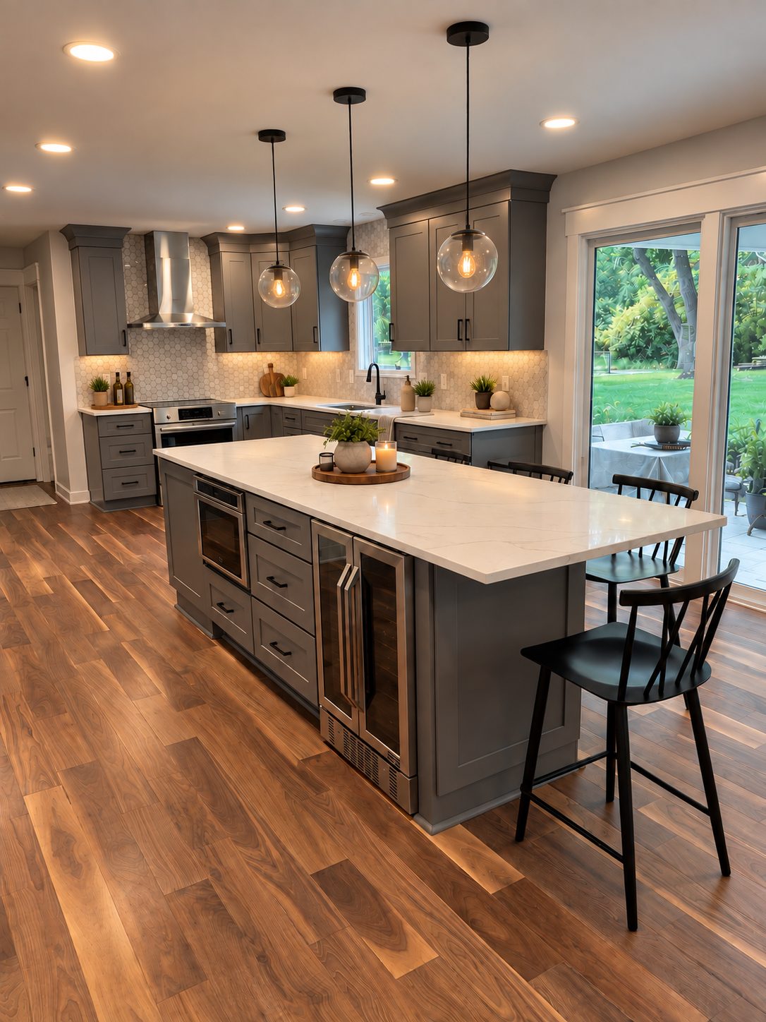 Gray shaker kitchen island with wine fridge and pendant lighting