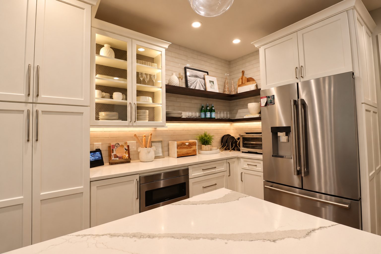 Kitchen corner with stainless refrigerator, glass-front cabinet, and open shelving