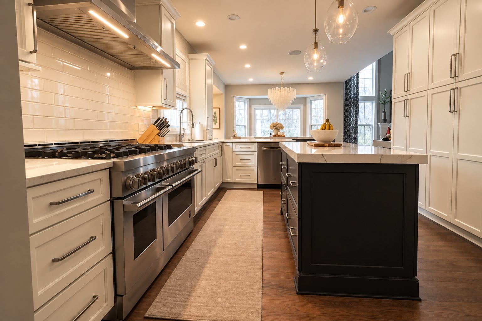 Kitchen range wall with black island and pendant lighting