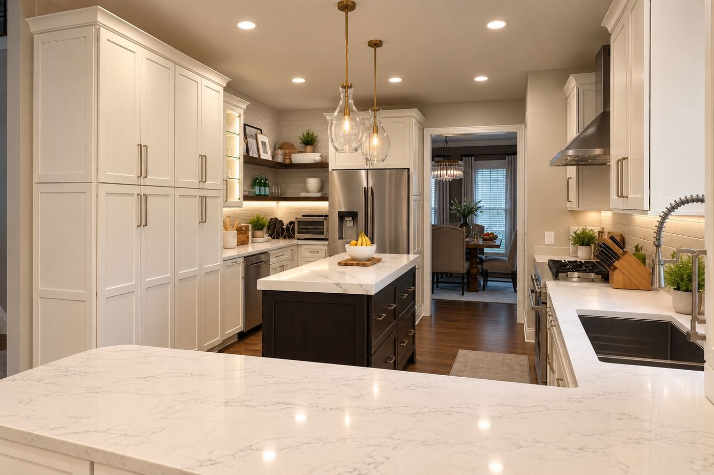 Kitchen remodel with black island and view into dining room