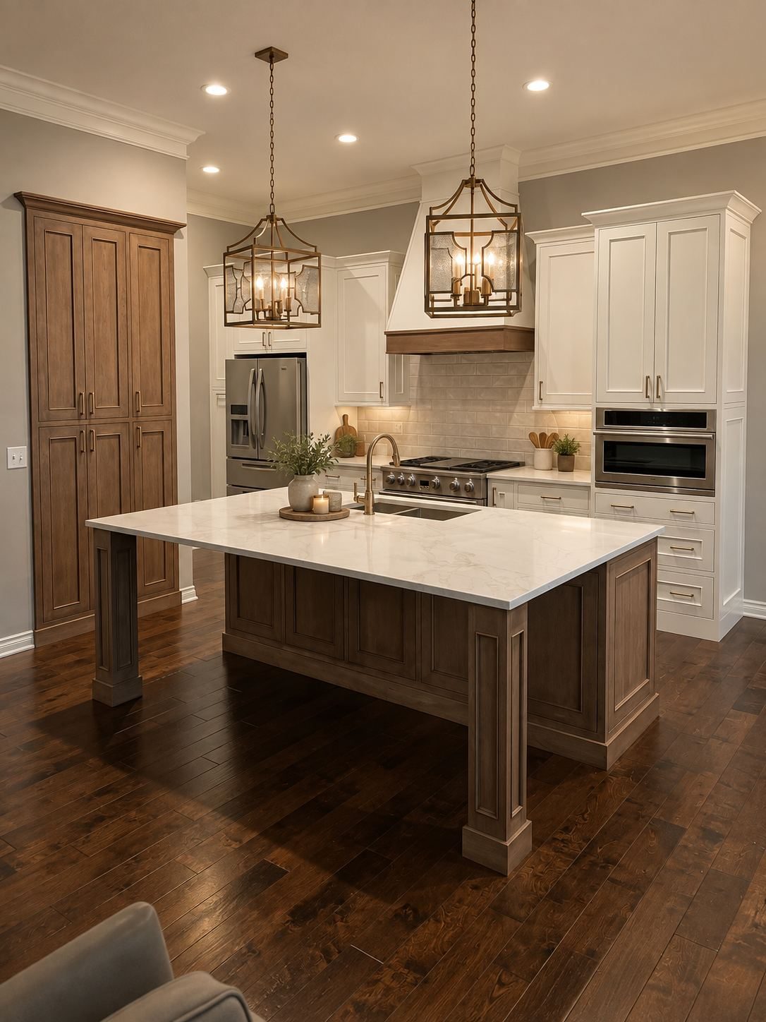 Kitchen remodel with wood island, pendant lighting, and stainless appliances