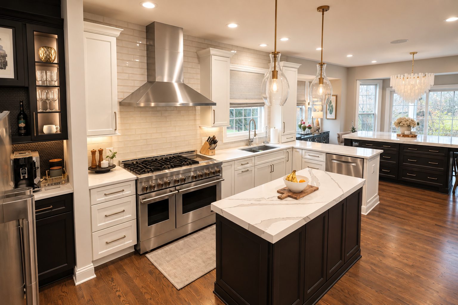 Kitchen with white cabinetry, dark island, and view into second island and dining area