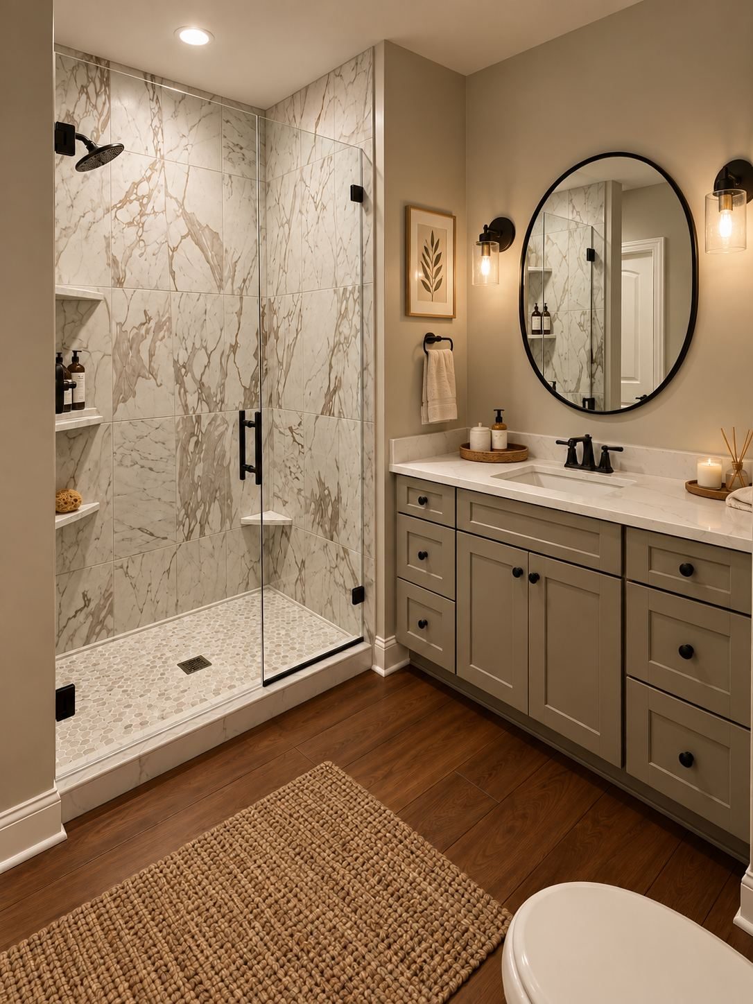 Marble shower with gray vanity