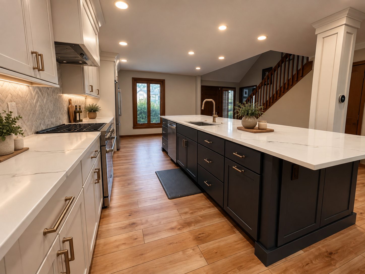Navy kitchen island with view toward staircase and gas range wall