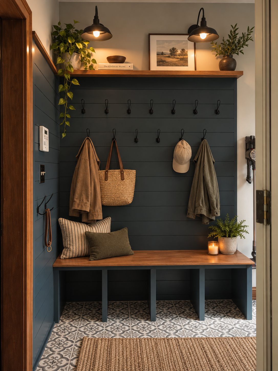 Navy shiplap mudroom nook with bench, hooks, and patterned tile floor