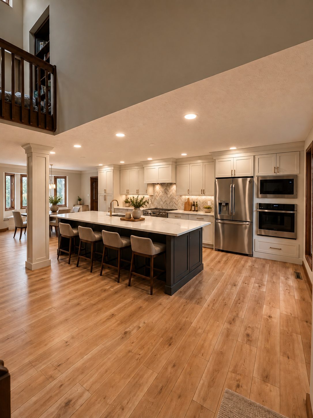 Open-concept kitchen and dining area with dark island and stainless appliances