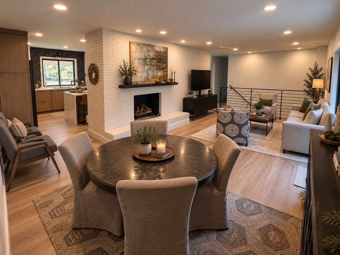 Open-concept living and dining area after a whole-home renovation
