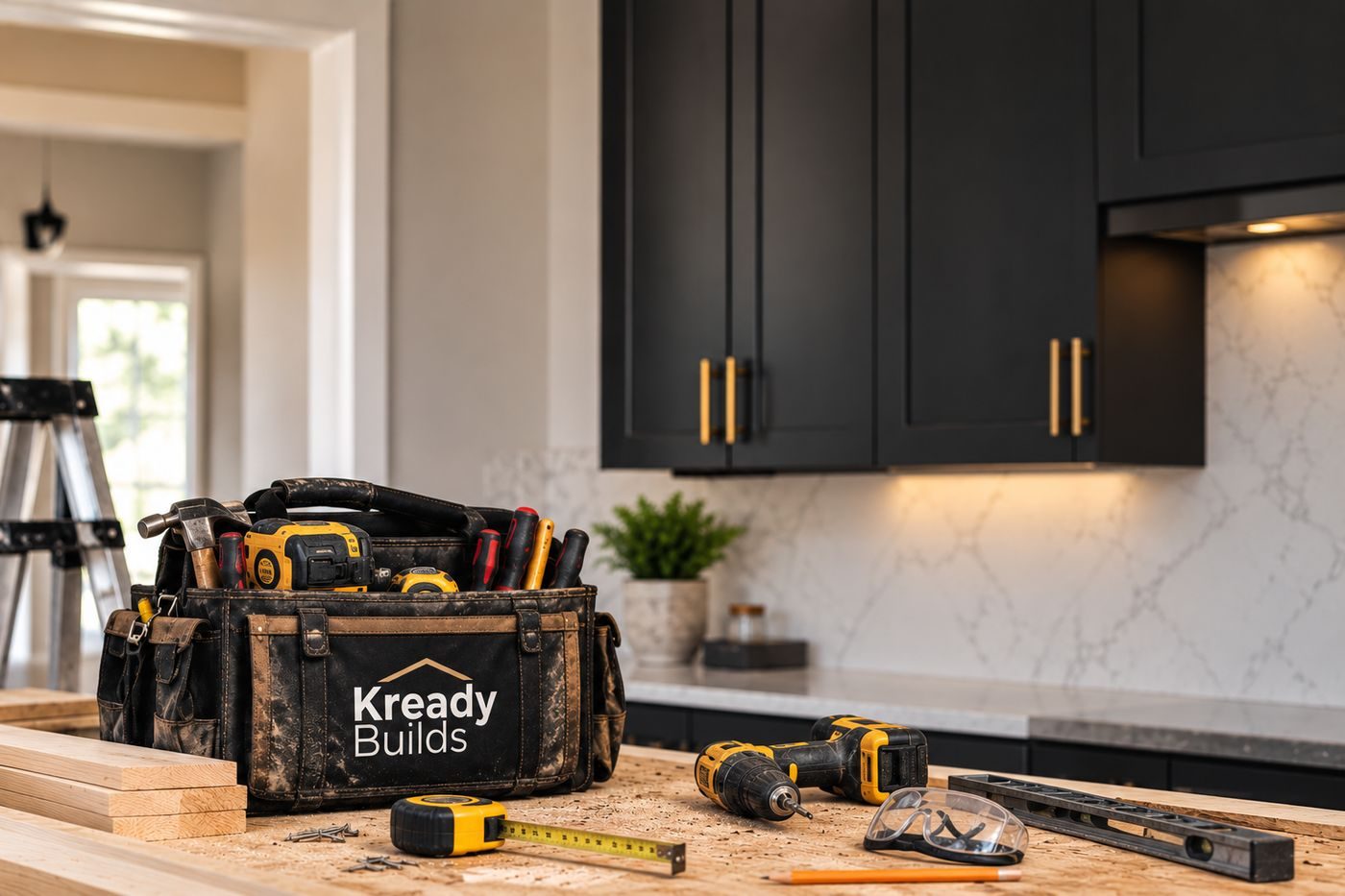 Kready Builds tool bag and tools on a jobsite workbench
