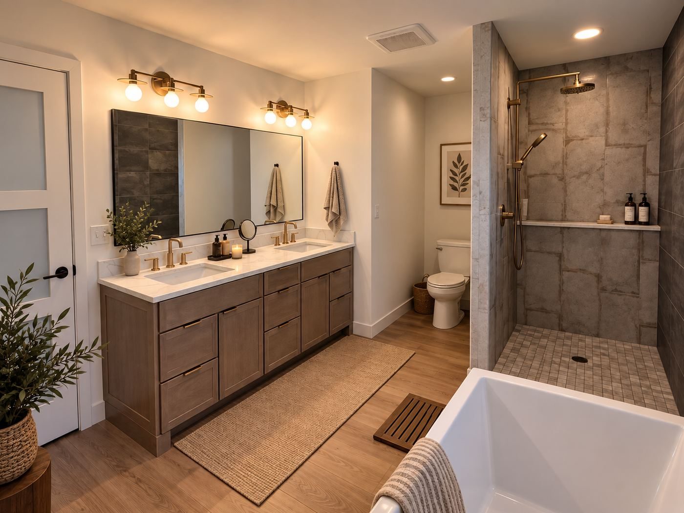 Primary bathroom with double vanity and walk-in shower