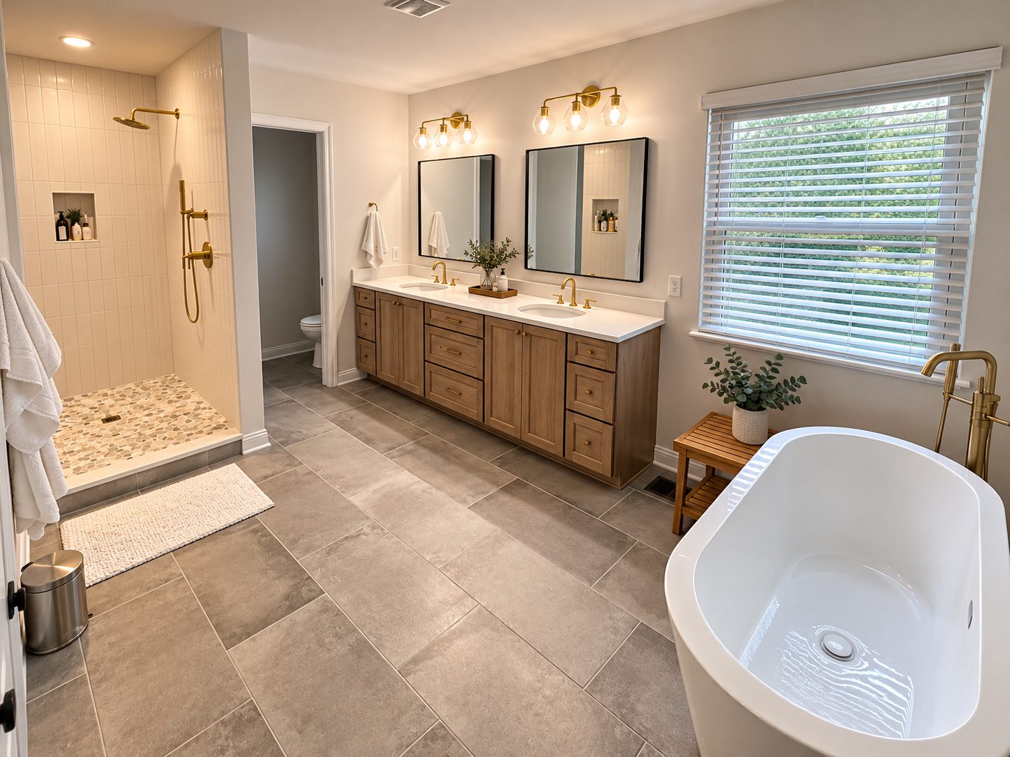 Primary bathroom with wood double vanity, freestanding tub, and walk-in shower