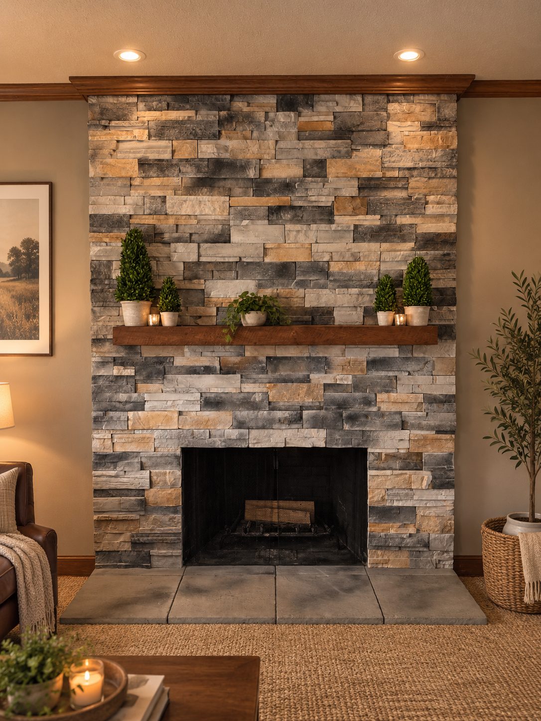Stacked stone fireplace with wood mantel