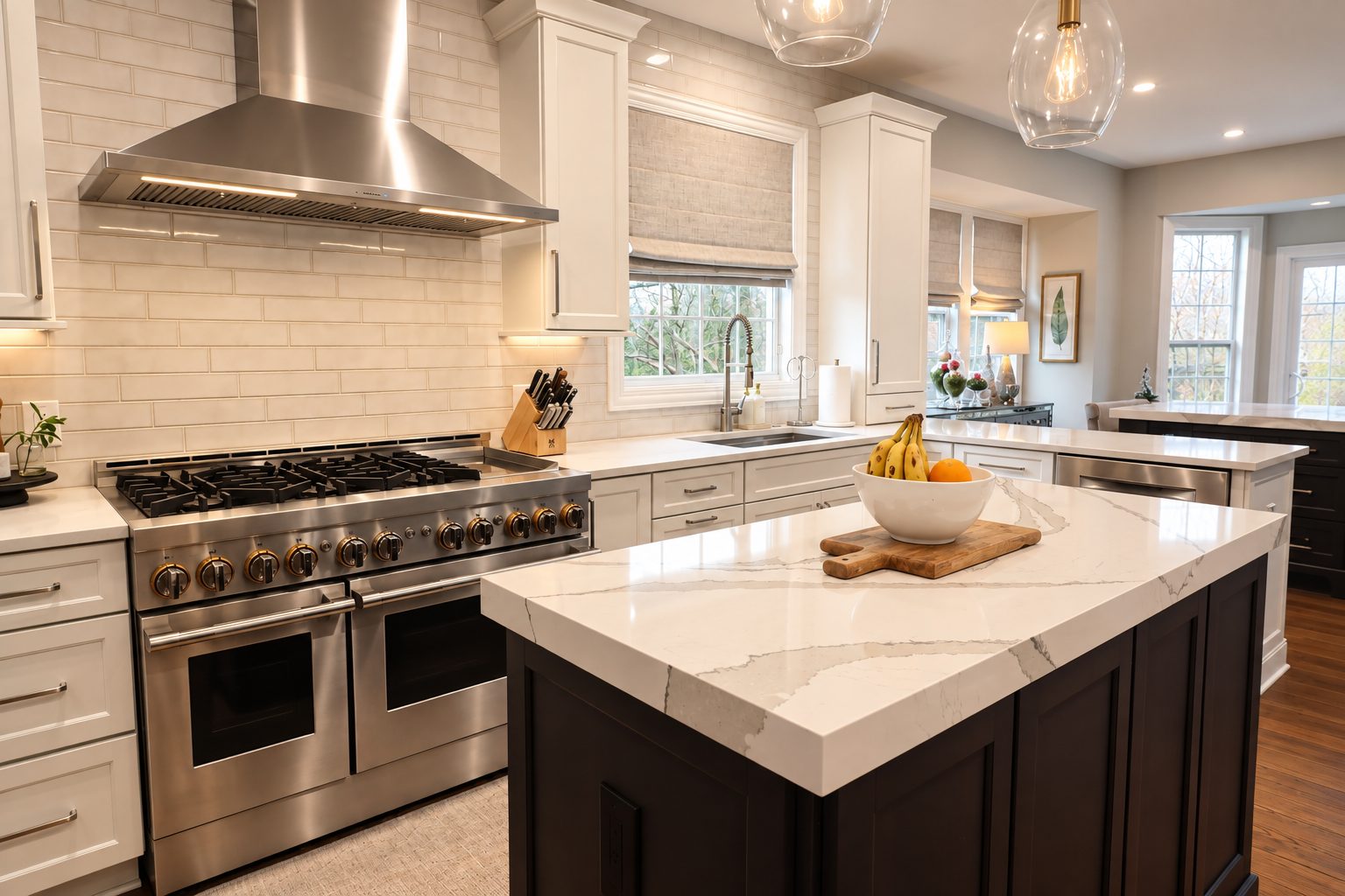 Waterfall quartz island with fruit bowl and gas range beyond