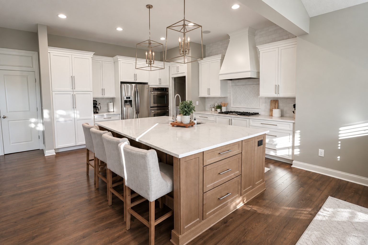 White and wood kitchen island with pendant lighting and gas range