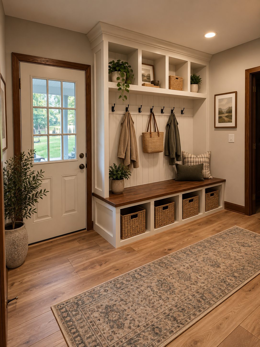 White mudroom built-in with bench, cubbies, and open shelving