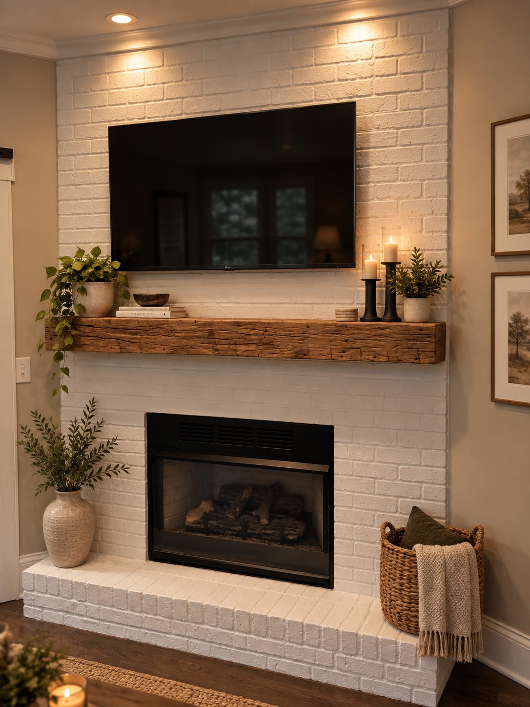 Whitewashed brick fireplace with wood mantel and wall-mounted TV