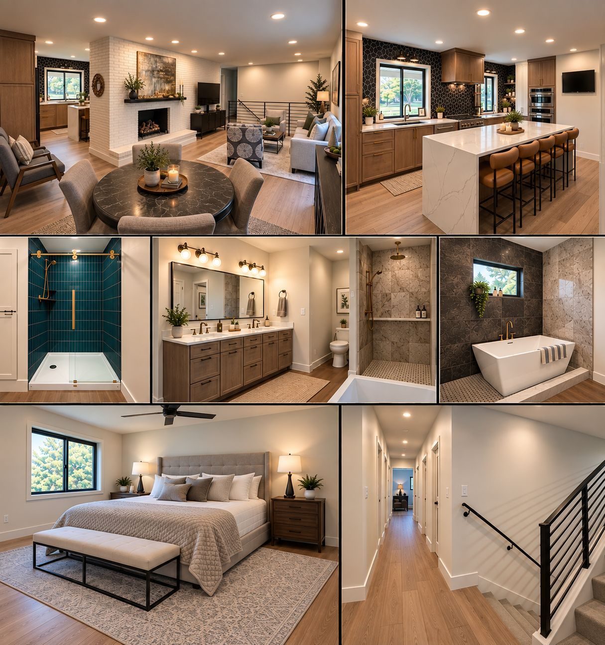 Whole-home renovation collage featuring kitchen, living areas, bath, and bedroom